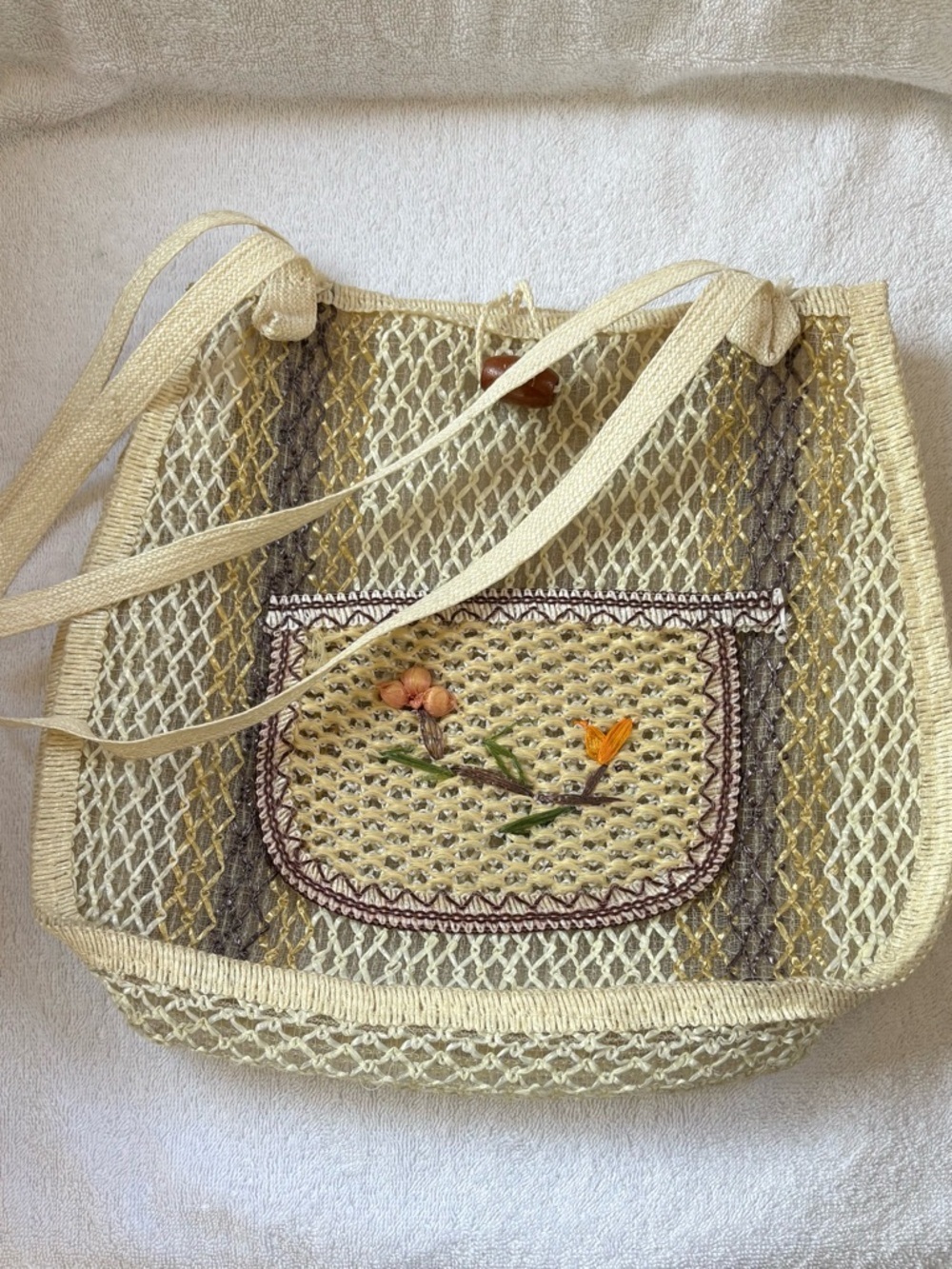 Vintage Boho Woven Straw Mesh Tote Bag with Floral Embroidery